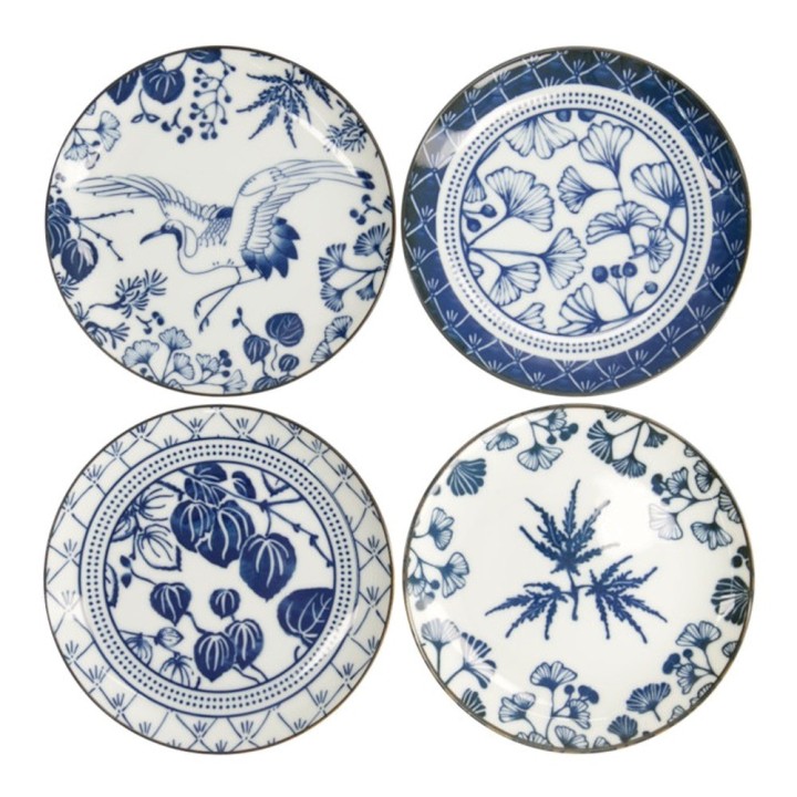 Set de 4 assiettes à dessert japonaises FLORIKA vues de dessus : grue, ginkgo, lierre et érable