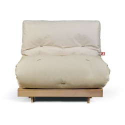 Canapé-lit futon ASICA vue de côté, futon plié sur la structure en épicéa