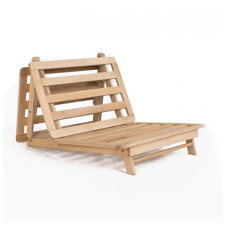 Structure de canapé-lit futon TAMIKO en hêtre massif brut, en position canapé