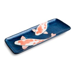 Plat à sushi japonais KOÏ bleu nuit, deux carpes koï rouges et blanches, vue de trois quarts
