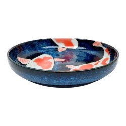 Assiette japonaise KOÏ vue de côté, bord relevé et émail bleu nuit moucheté
