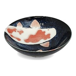 Bol japonais KOÏ bleu nuit, carpe koï rouge et blanche, vue de trois quarts