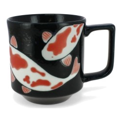 Mug japonais KOÏ bleu nuit, carpes koï rouges et blanches, anse carrée