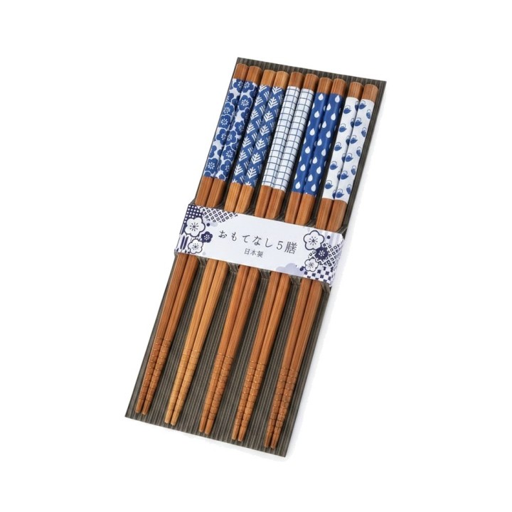 Set de 5 paires de baguettes japonaises en bambou, cinq motifs bleu et blanc différents