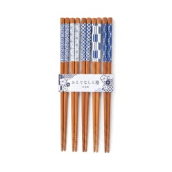 Set de 5 paires de baguettes japonaises en bambou, cinq motifs traditionnels bleus