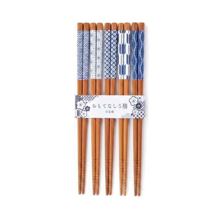 Set de 5 paires de baguettes japonaises en bambou, cinq motifs traditionnels bleus