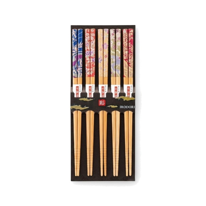Set de 5 paires de baguettes japonaises en bambou IRODORI, décors fleuris de cinq couleurs