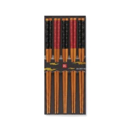 Set de 5 paires de baguettes japonaises en bambou IRODORI, motif asanoha rouge et noir