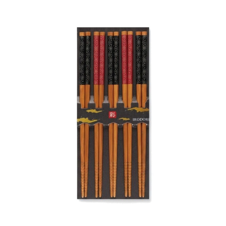 Set de 5 paires de baguettes japonaises en bambou IRODORI, motif asanoha rouge et noir