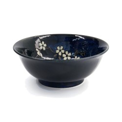 Bol ramen japonais COBALT SAKURA bleu nuit à fleurs de cerisier blanches, vue de trois quarts