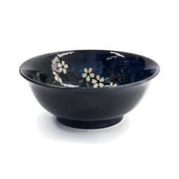 Bol ramen japonais COBALT SAKURA bleu nuit à fleurs de cerisier blanches, vue de trois quarts