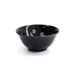 Bol japonais COBALT SAKURA bleu nuit à fleurs de cerisier blanches, vue de trois quarts