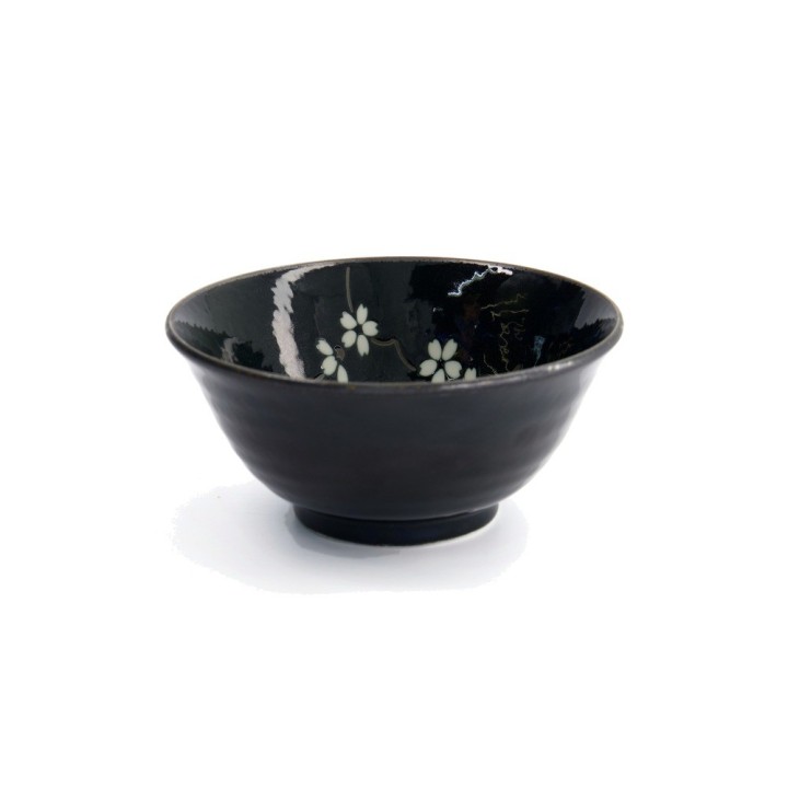 Bol japonais COBALT SAKURA bleu nuit à fleurs de cerisier blanches, vue de trois quarts