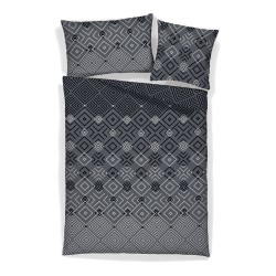 Housse de couette satin coton TREND et taies d’oreiller, losanges géométriques gris et noirs