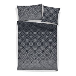 Housse de couette satin coton TREND et taies d’oreiller, losanges géométriques gris et noirs