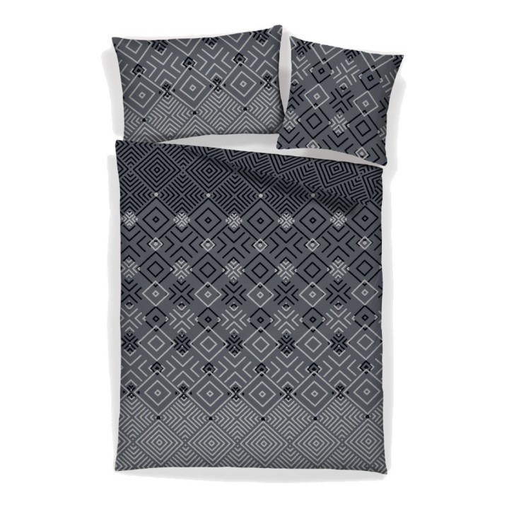 Housse de couette satin coton TREND et taies d’oreiller, losanges géométriques gris et noirs